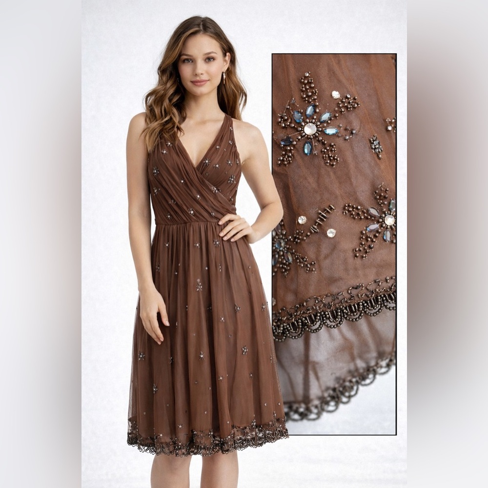 Custom Hand Beaded Brown Tulle Dress | Formal Cocktail Bridesmaid Dress Size 2